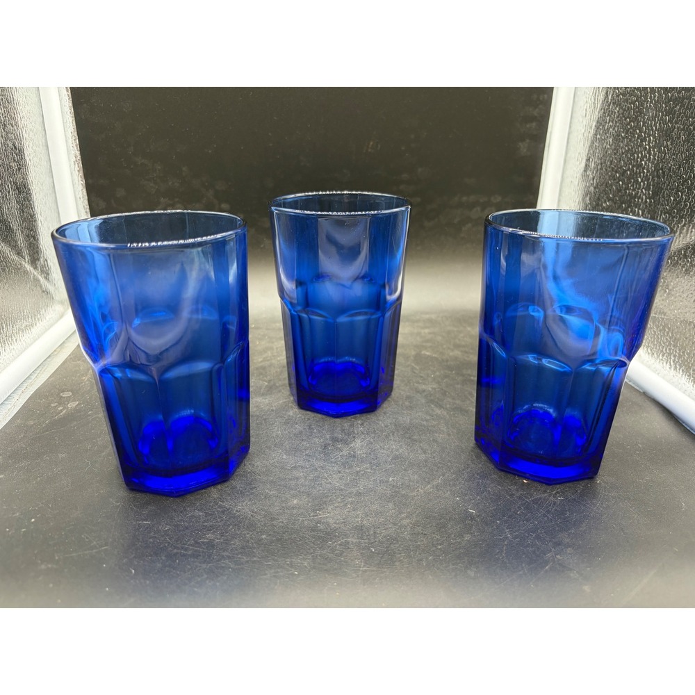 Crisa Cobalt Blue Glass Tumblers Set of 3 Octagonal Paneled Drinking Glasses 5in